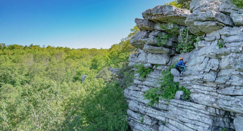 A person wearing safety gear is secured by ropes while climbing a rock wall. There are green trees and blue skies in the background. 